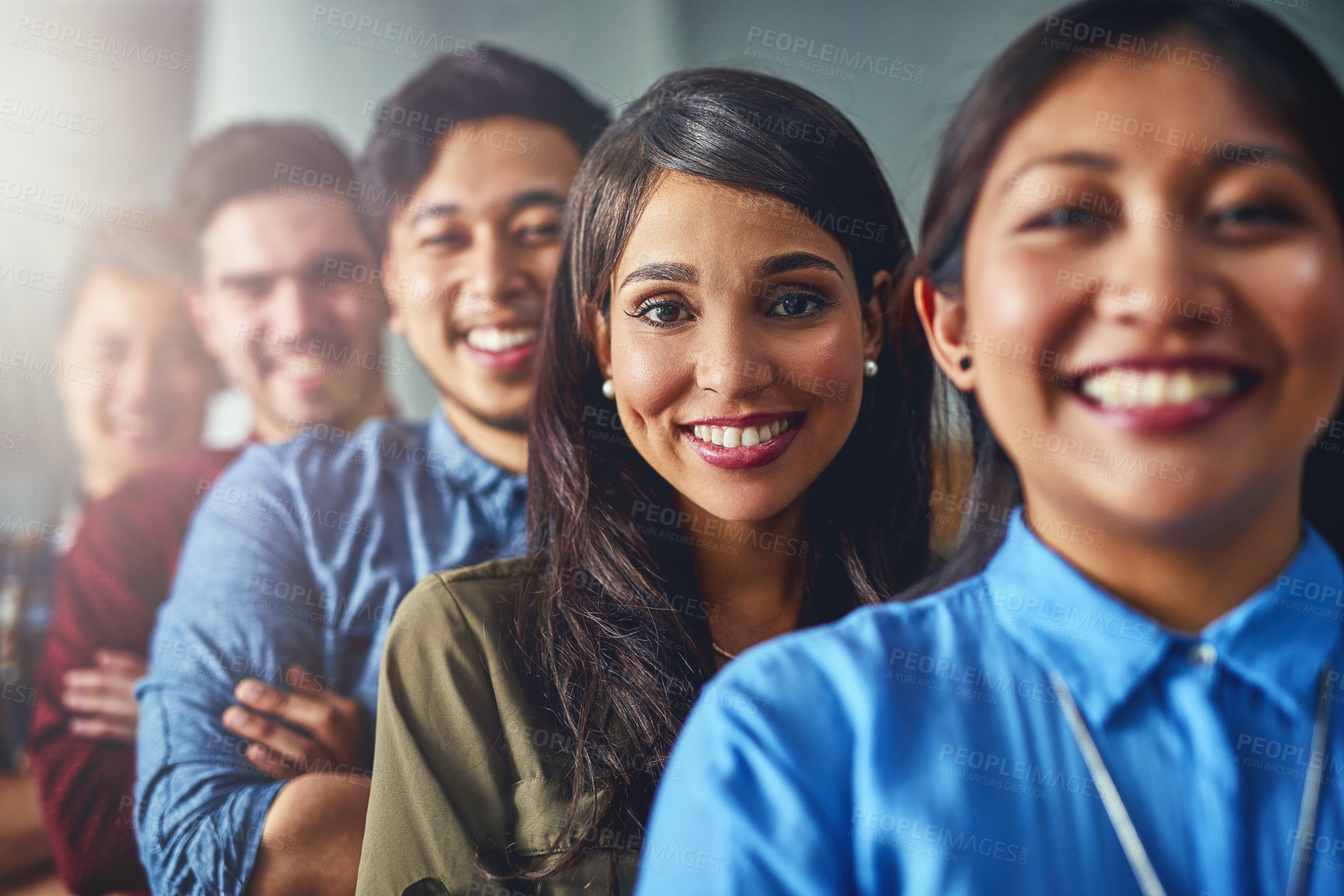 Buy stock photo Collaboration, line and portrait of business woman waiting in office with designer team for opportunity. Diversity, face and friendly with employee group in workplace together for company recruitment