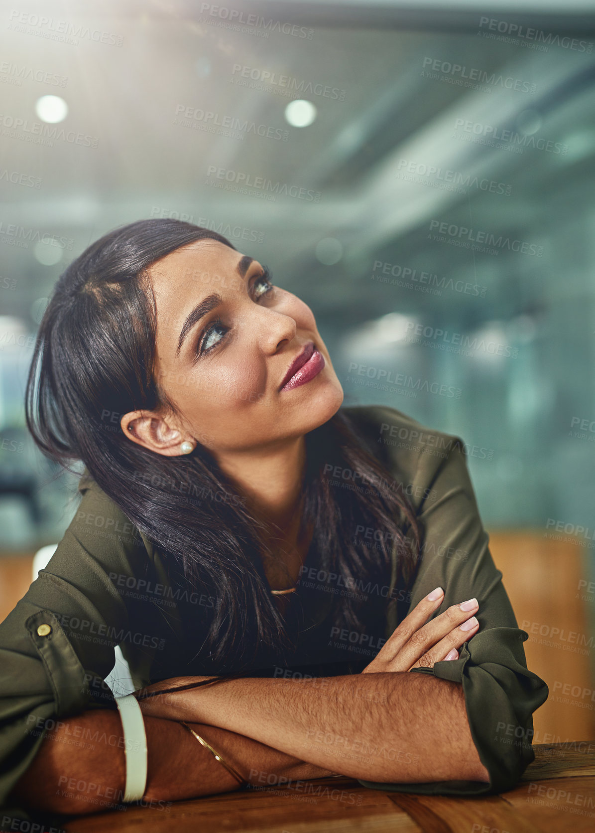 Buy stock photo Business woman, thinking and career with vision for future, growth or corporate development at office. Young female person or employee in confidence, wonder or thought on job opportunity at workplace