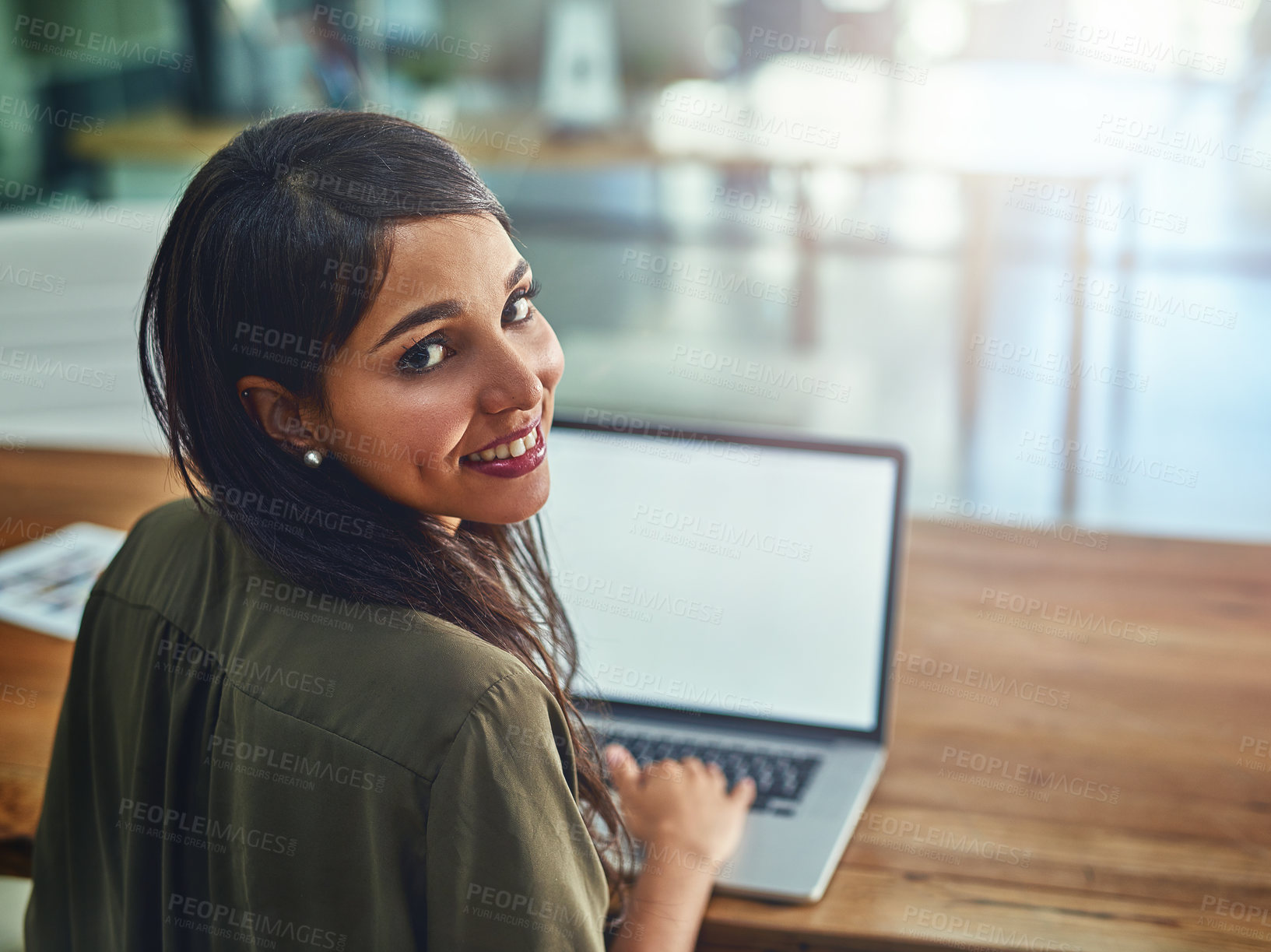 Buy stock photo Business woman, laptop and portrait at desk with blank screen and app designer with tech. Office, professional and creative agency with website design and internet search for company seo process