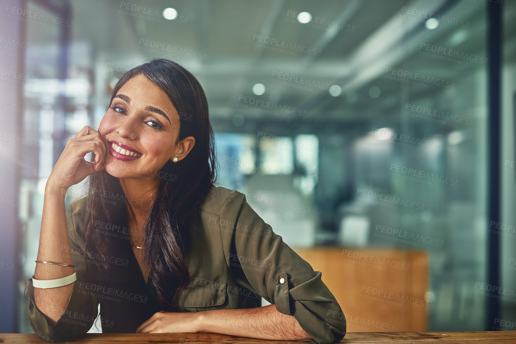 Buy stock photo Happy, portrait and woman in office mockup for career success, opportunity and business development. Female professional, smile and new position in company in human resources, positivity and growth