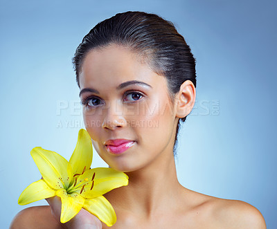 Buy stock photo Studio portrait of a beautiful young woman posing with a flower against a blue background