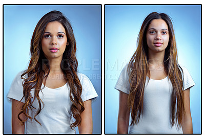 Buy stock photo Before and after studio shot of a young woman with straightened and curly hair