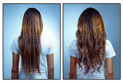 Buy stock photo Before and after studio shot of a young woman with straightened and curly hair