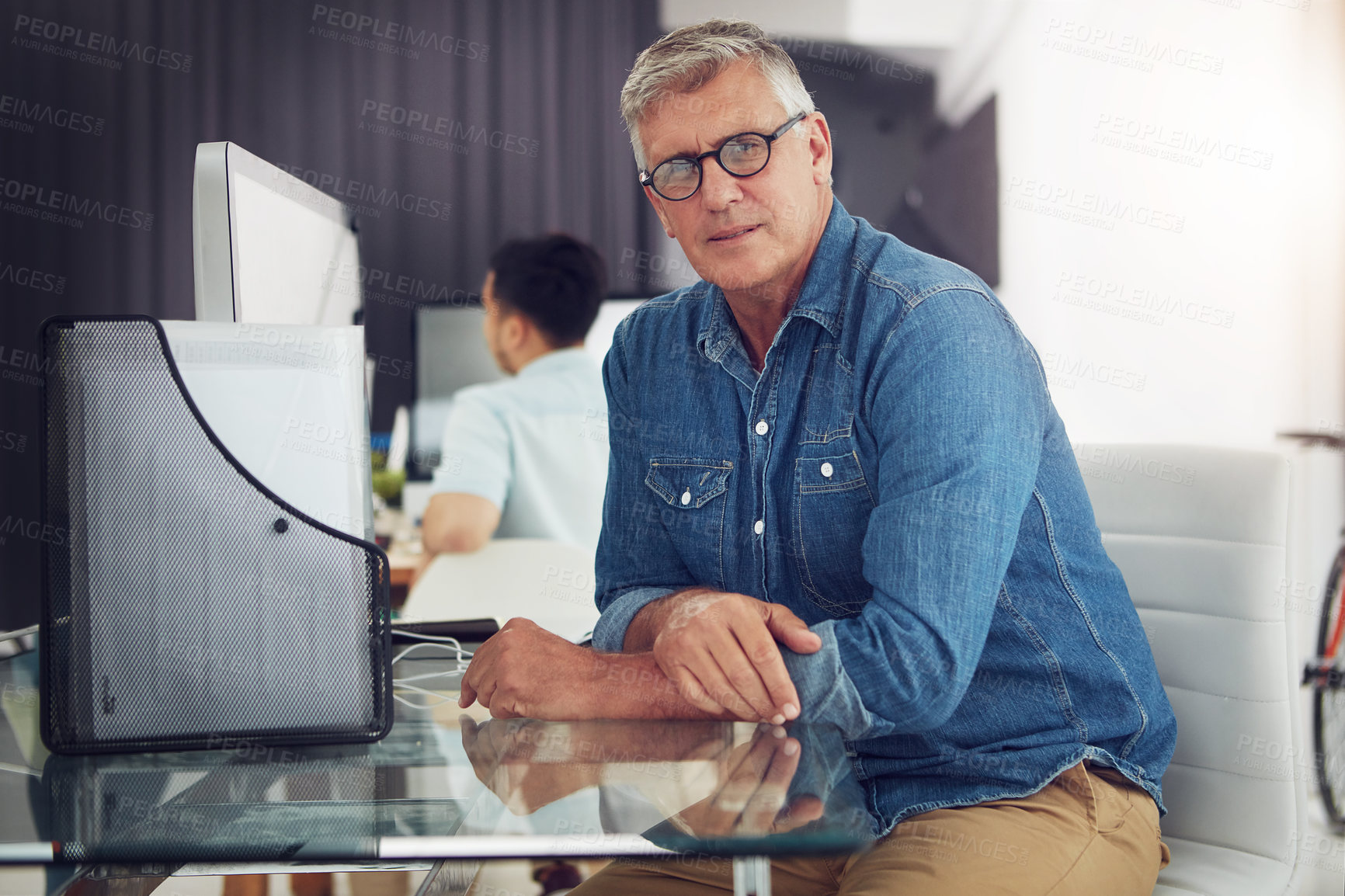Buy stock photo Digital marketing, portrait or man in office with desktop, pride or job goals in advertising industry. Confidence, coworking or content analyst with tech, career or experience in brand development.