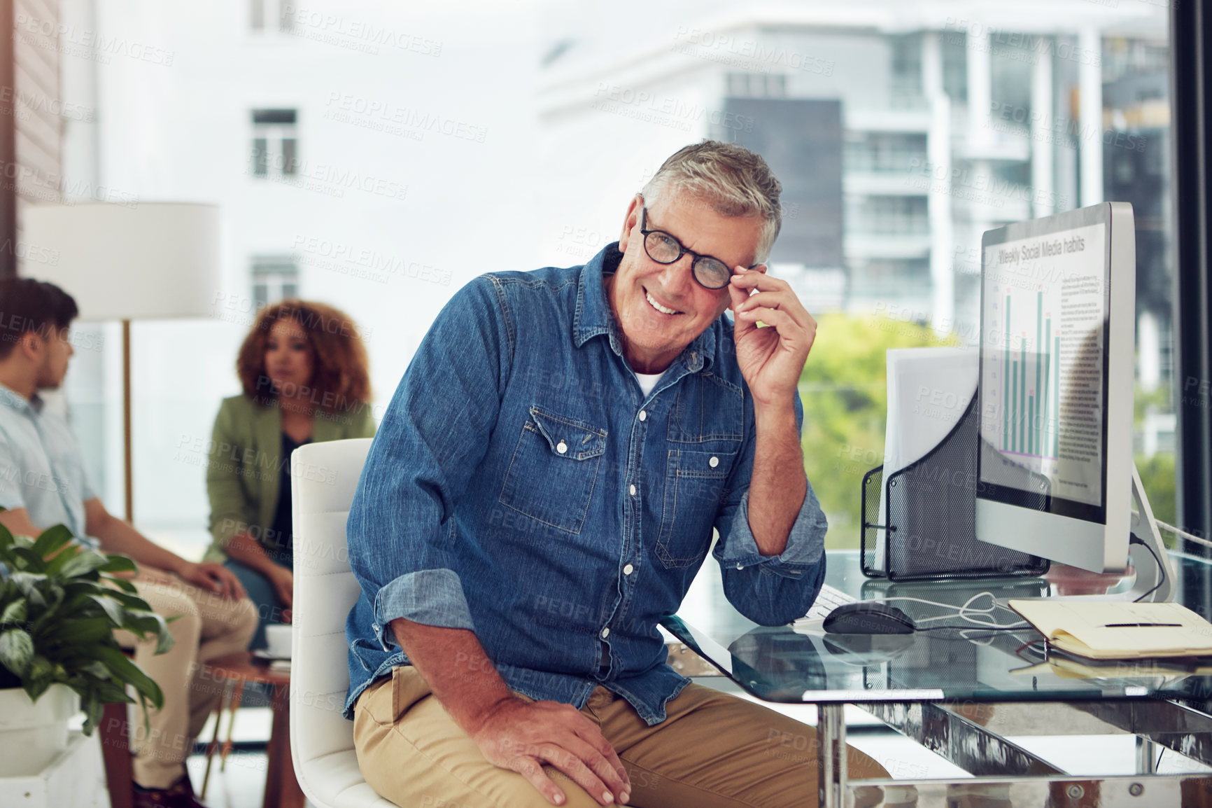 Buy stock photo Digital marketing, portrait or man in office with computer screen, pride or job in advertising industry. Confidence, coworking or content analyst with tech, career or experience in brand development.