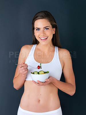 Buy stock photo Salad, woman and diet portrait with fitness, health and nutrition of meal with a smile in studio. Workout, happy and female model with exercise and training with healthy food and vegetables for care