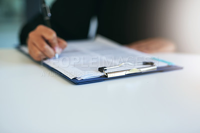 Buy stock photo Administration, planning and person with paperwork for application, insurance and personal information. Business, company and woman writing on a report, document or survey with feedback or checklist