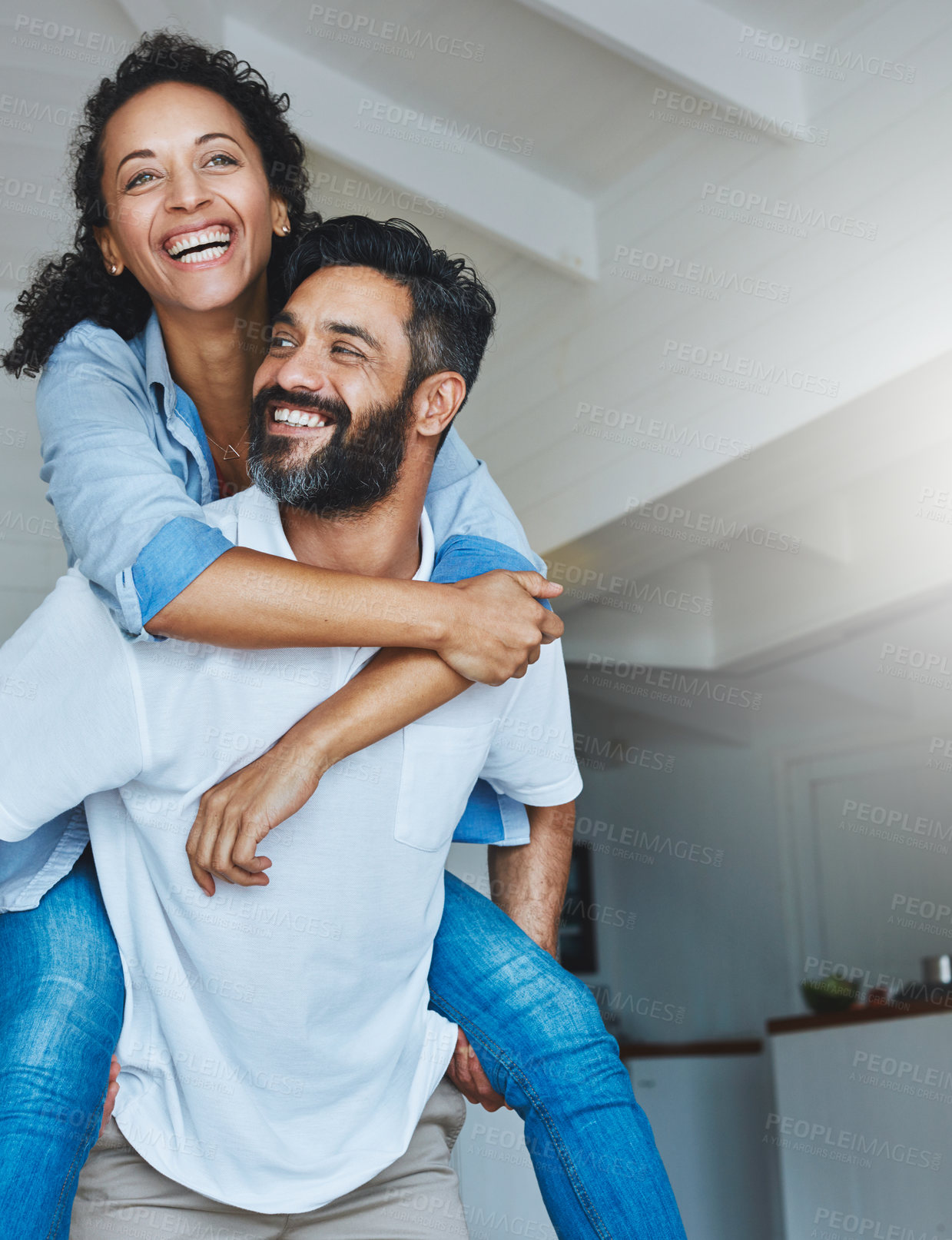 Buy stock photo Couple, people and smile in home with piggyback to relax for bonding, love and support on break together. Happy, relationship and romance with fun or laugh as family, soulmate and care or enjoy