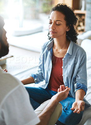 Buy stock photo Couple, meditation and spiritual wellness on sofa for mental health, zen or workout in living room together at home. Man and woman yogi in relax, meditate or yoga class on couch for peaceful mind