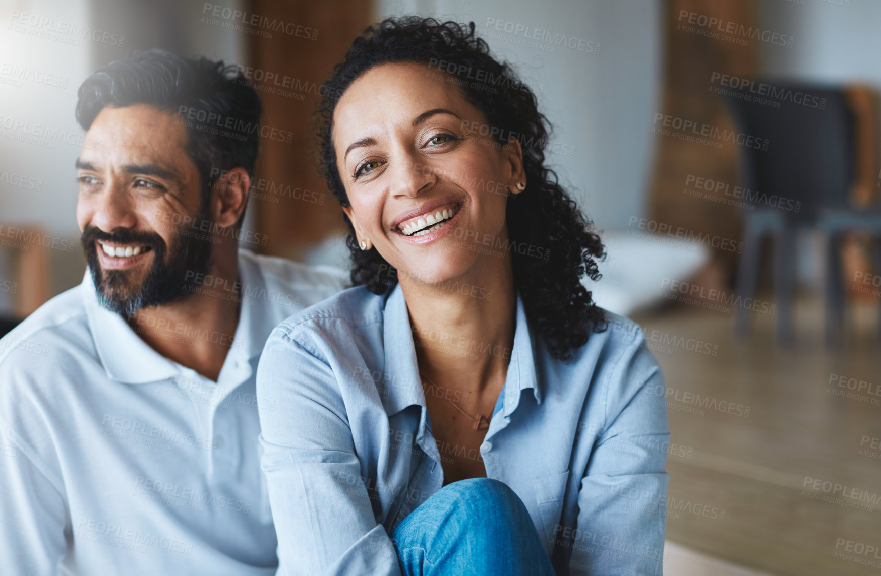 Buy stock photo Couple, home and calm in portrait for relax with partner, happiness or memory with bonding. Man, thinking and woman with smile in house and together for relationship, idea or planning for future