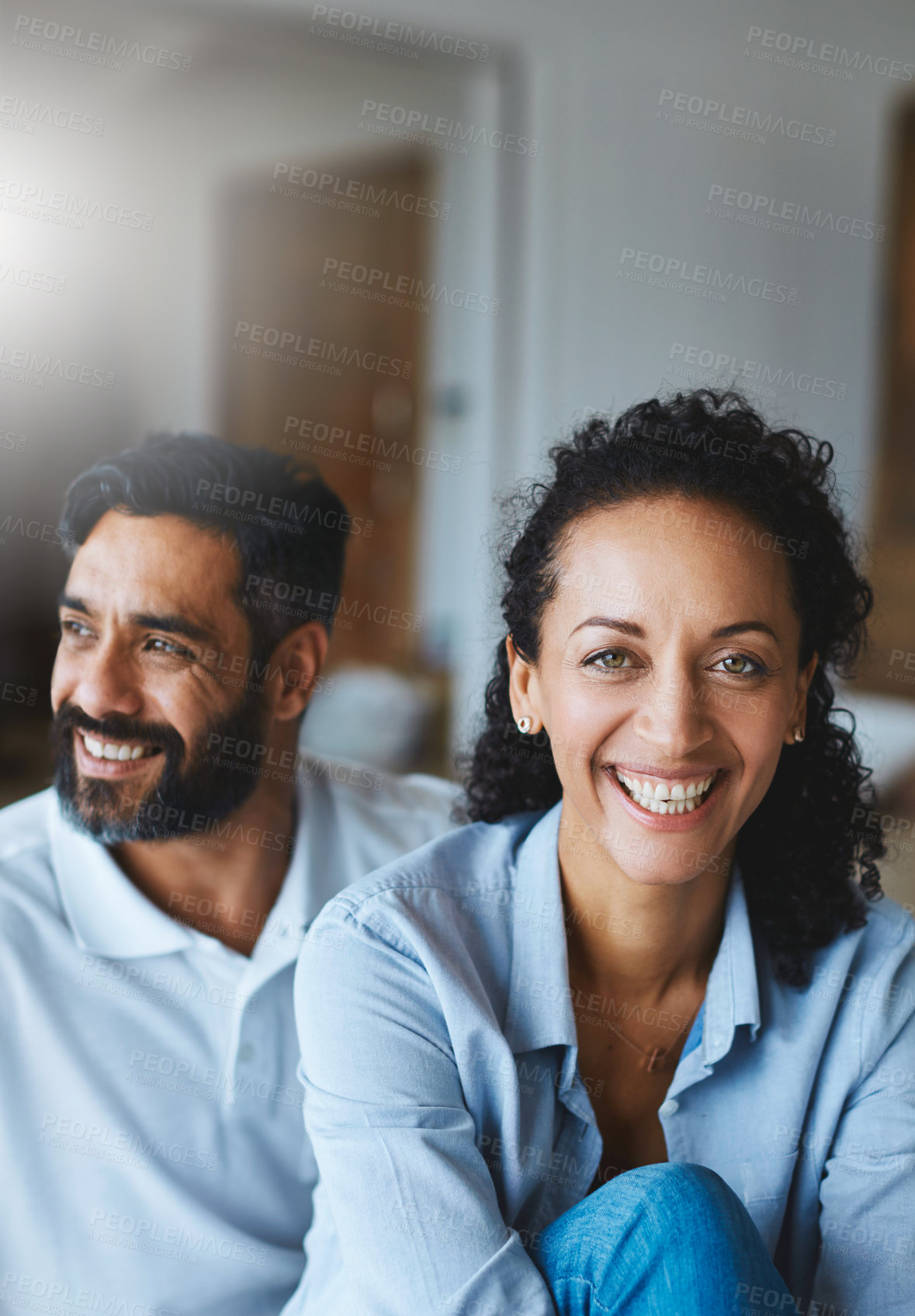 Buy stock photo Portrait of a relaxed couple enjoying the day at home together