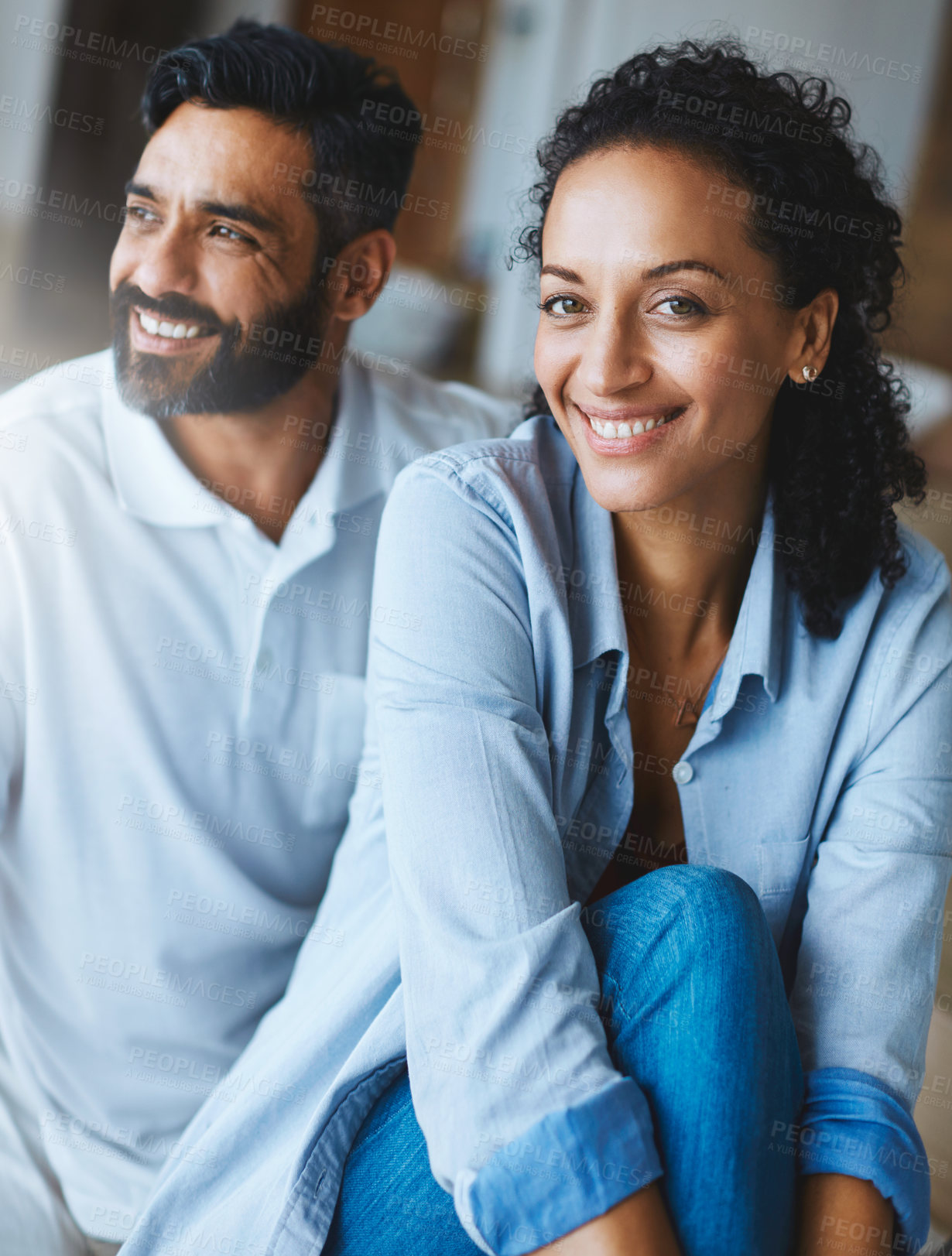 Buy stock photo Couple, house and peace in portrait for relax with partner, happiness or memory with bonding. Man, thinking and woman with smile in home and together for relationship, idea or planning for future