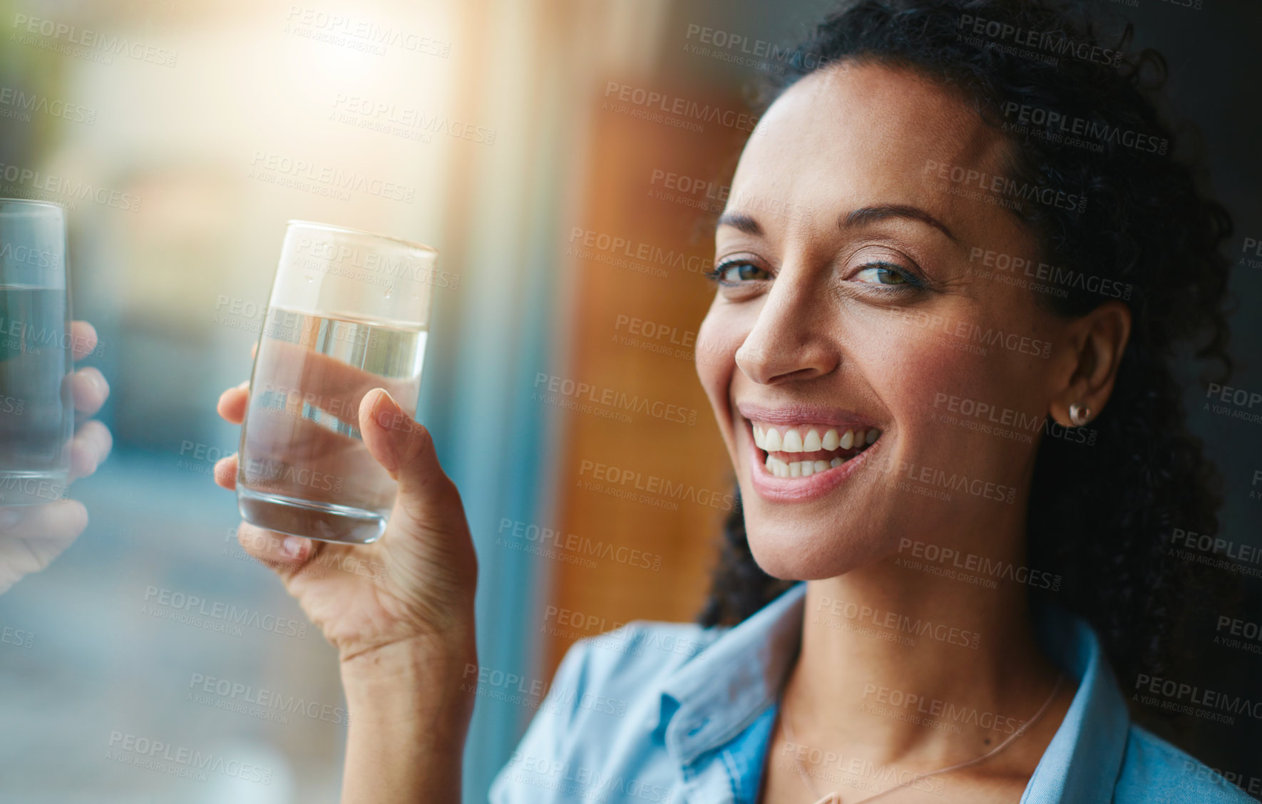 Buy stock photo Woman, portrait and happy in home with glass of water for wellness, wellbeing and hydration. Smile, female person and satisfied with self care for thirst, health and laugh in window and positive