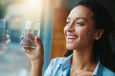 Buy stock photo Woman, smile and home with water in glass for wellness, wellbeing and hydration. Happy, female person and satisfied with self care for thirst, health and clam energy in window with positivity