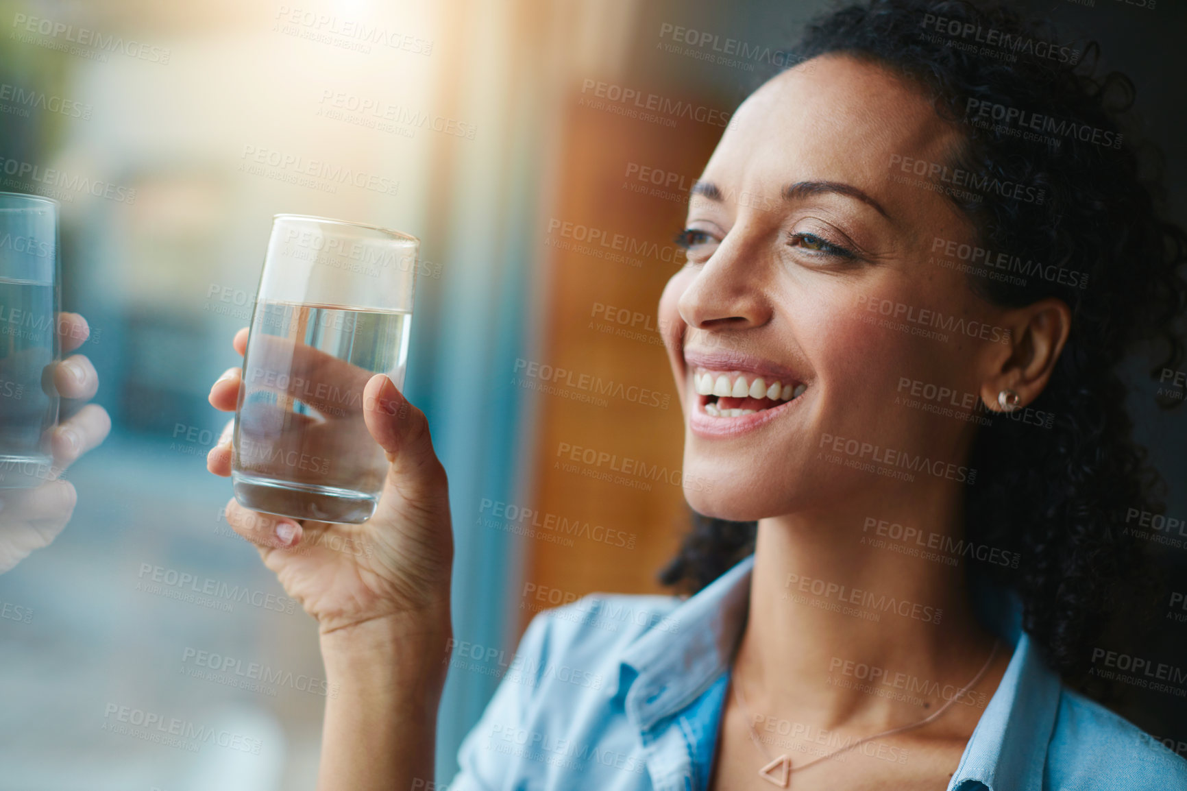 Buy stock photo Woman, smile and home with water in glass for wellness, wellbeing and hydration. Happy, female person and satisfied with self care for thirst, health and clam energy in window with positivity