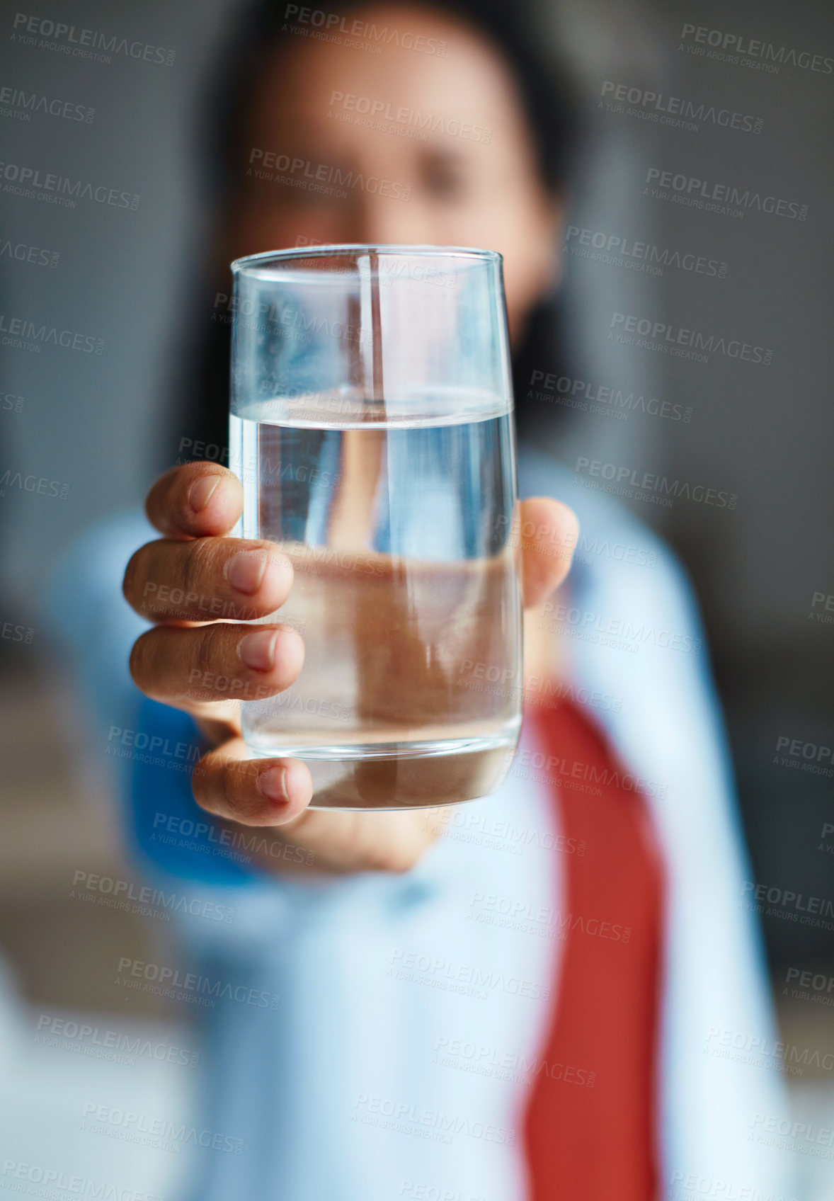 Buy stock photo Hand, glass and person with water for wellness, wellbeing and hydration in home. Woman, drink and confident with self care for thirst, health and calm energy to detox for fresh, nature and pure