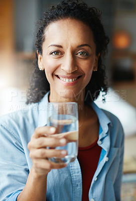 Buy stock photo Woman, portrait and home with smile for glass of water for wellness, wellbeing and hydration. Happy, female person and confident with self care for thirst, health and clam energy with self care