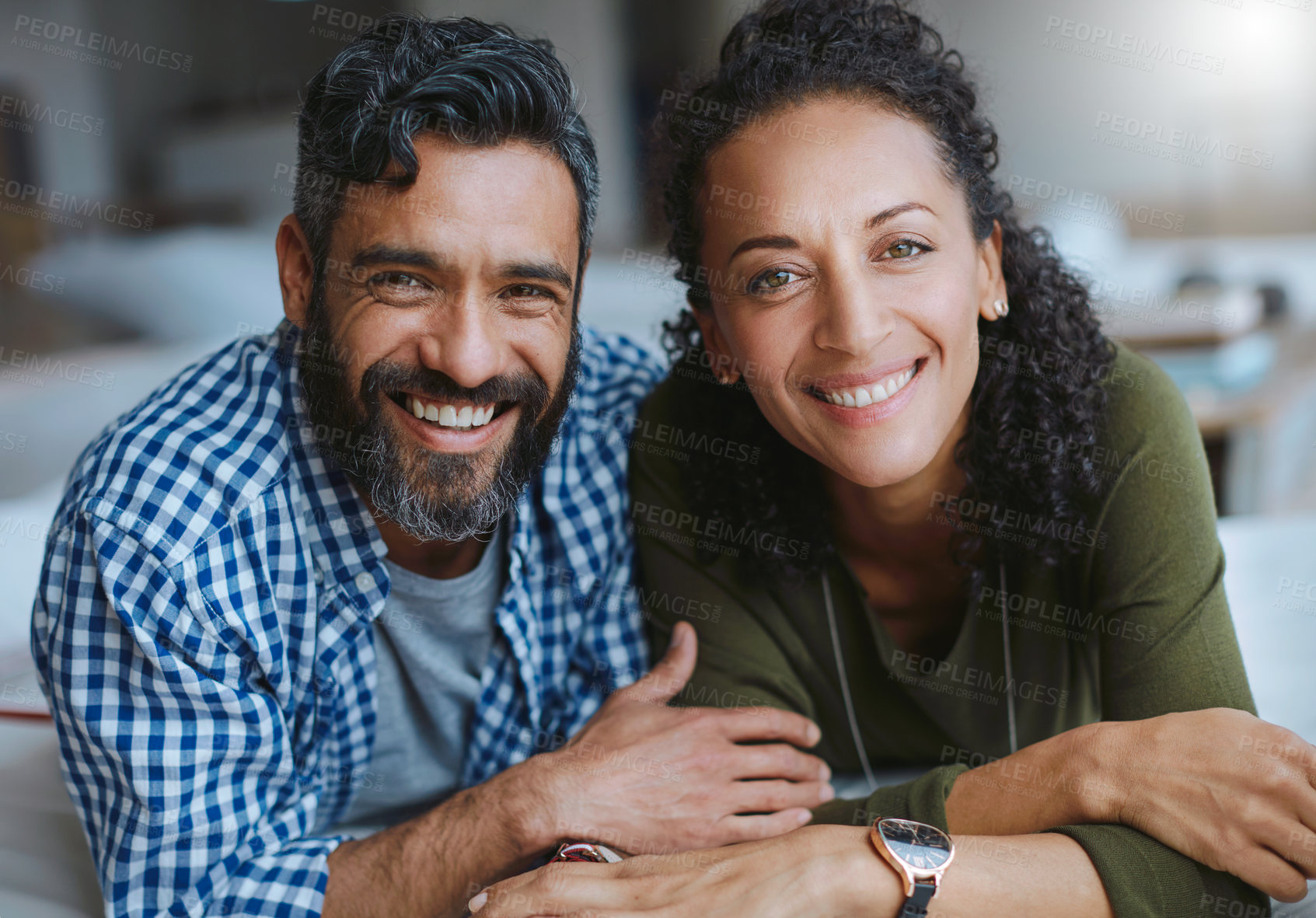 Buy stock photo Bedroom, relax and portrait of couple in marriage with love, loyalty and support in house on weekend. Man, woman and happy with smile at home for trust, bonding and peace in commitment together