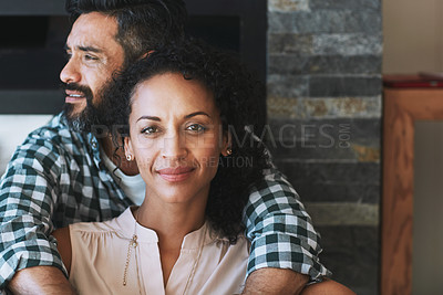 Buy stock photo Love, hug and portrait of couple in home for commitment, loving embrace and trust in living room. Dating, marriage and face of man and woman smile for intimate moment, happy and together for romance