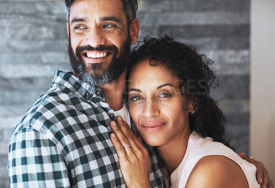 Buy stock photo Love, hug and portrait of couple in home for commitment, loving embrace and trust in living room. Relationship, marriage and face of man and woman smile for intimate moment, happy and romantic bond