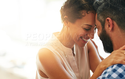 Buy stock photo Love, hug and face of couple with lens flare for commitment, embrace and trust outdoors. Marriage, mockup space and happy man and woman smile for romance on holiday, vacation and happiness together