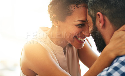 Buy stock photo Love, marriage and forehead to face of couple for commitment, loving embrace and trust outdoors. Smile, happiness and intimate man and woman for romance on holiday, vacation and weekend together