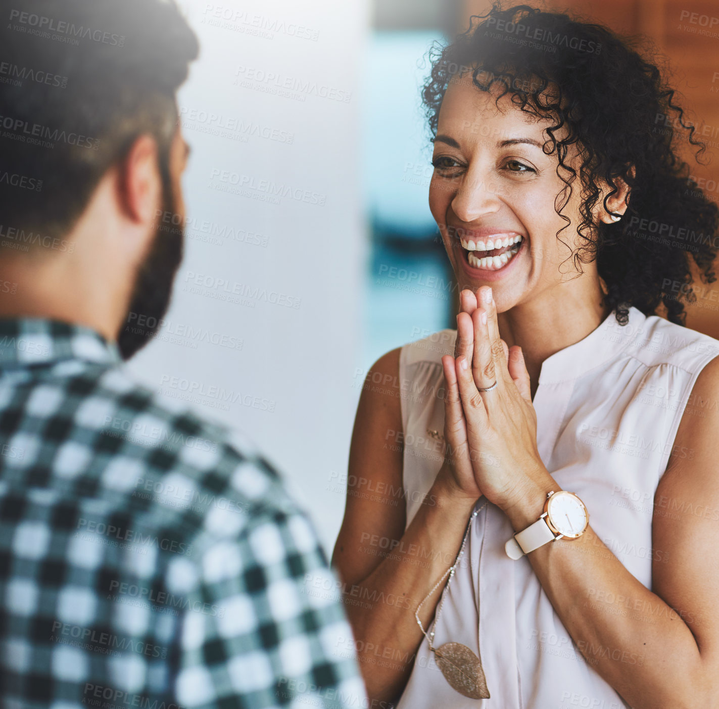 Buy stock photo Happy, couple and sharing good news for promotion announcement and celebration at home together. Smile, woman and man for career milestone, job success and achievement with wow and communication