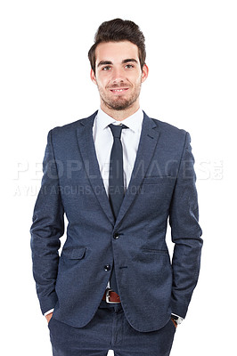 Buy stock photo Studio shot of a young businessman isolated on white