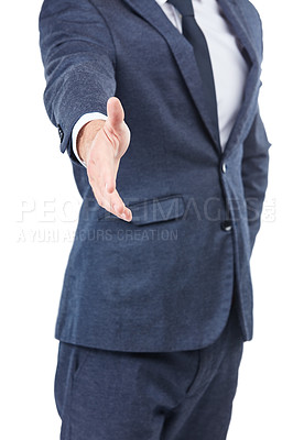 Buy stock photo Studio shot of an unrecognizable businessman reaching in for a handshake