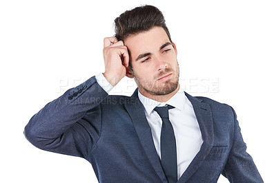 Buy stock photo Studio shot of a young businessman isolated on white