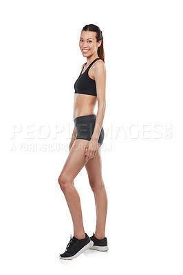 Buy stock photo Full length portrait of a fit, young woman in sportswear isolated on white