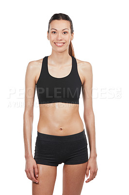Buy stock photo Cropped portrait of a fit, young woman in sportswear isolated on white