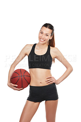 Buy stock photo Cropped portrait of a young female basketball player against a white background