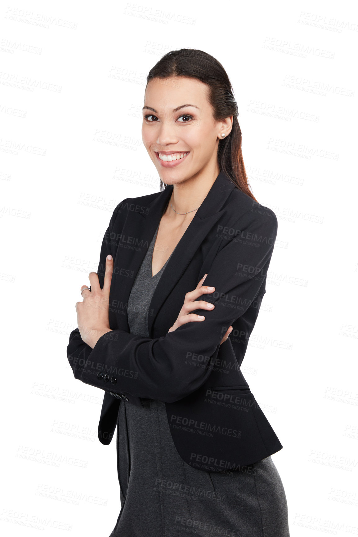Buy stock photo Portrait of an attractive young businesswoman standing with her arms folded