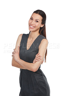Buy stock photo Portrait of an attractive young businesswoman standing with her arms folded