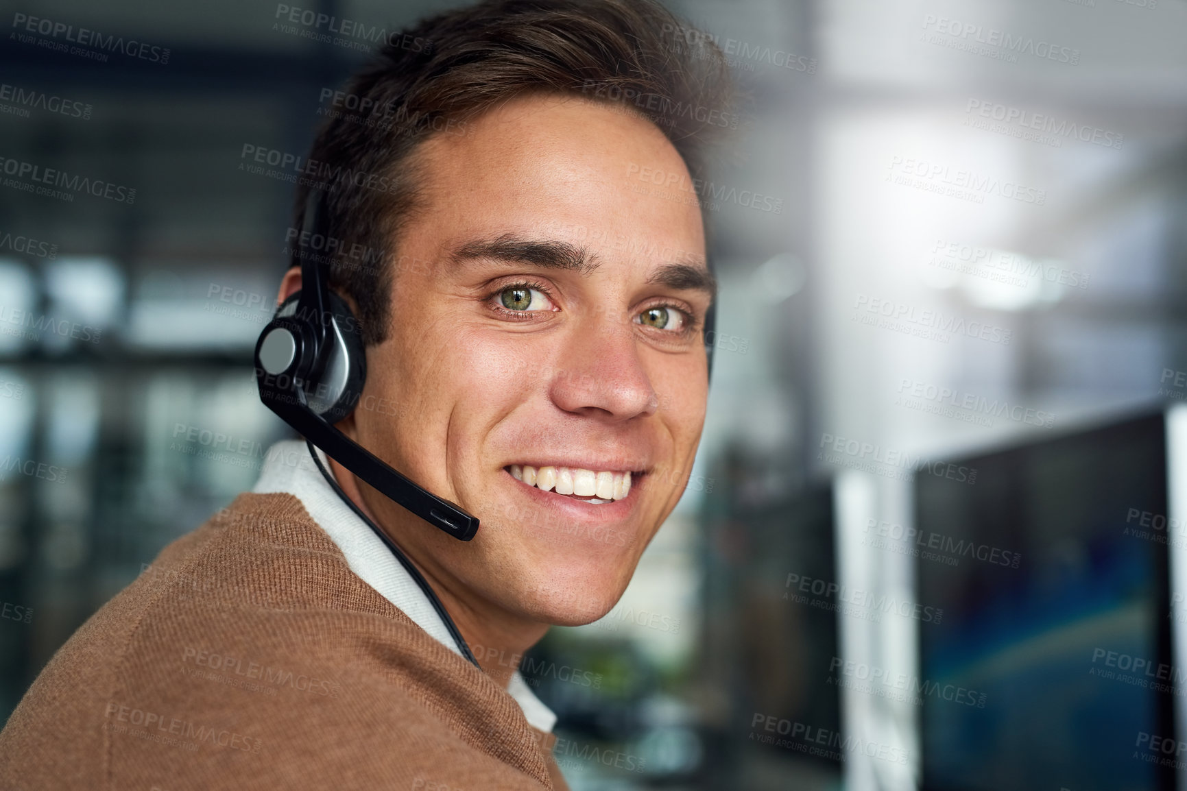 Buy stock photo Portrait of a young call centre agent working in an office