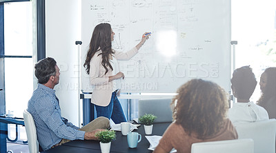 Buy stock photo Shot of a businesswoman delivering a presentation to her colleagues in a boardroom meeting