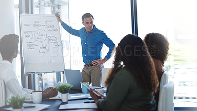 Buy stock photo Shot of a businessman delivering a presentation to his colleagues in a boardroom meeting