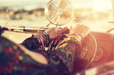 Buy stock photo Cropped shot of an unrecognizable young woman taking a roadtrip on her own