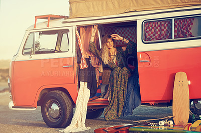 Buy stock photo Shot of a gorgeous young woman enjoying a roadtrip on her own