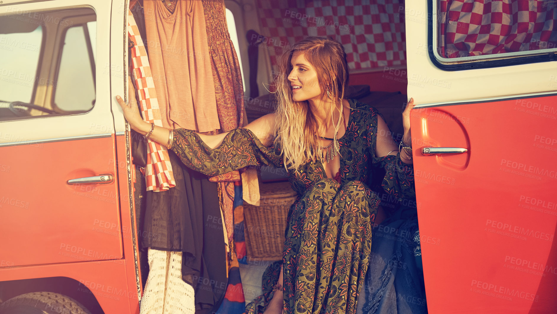 Buy stock photo Shot of a gorgeous young woman enjoying a roadtrip on her own