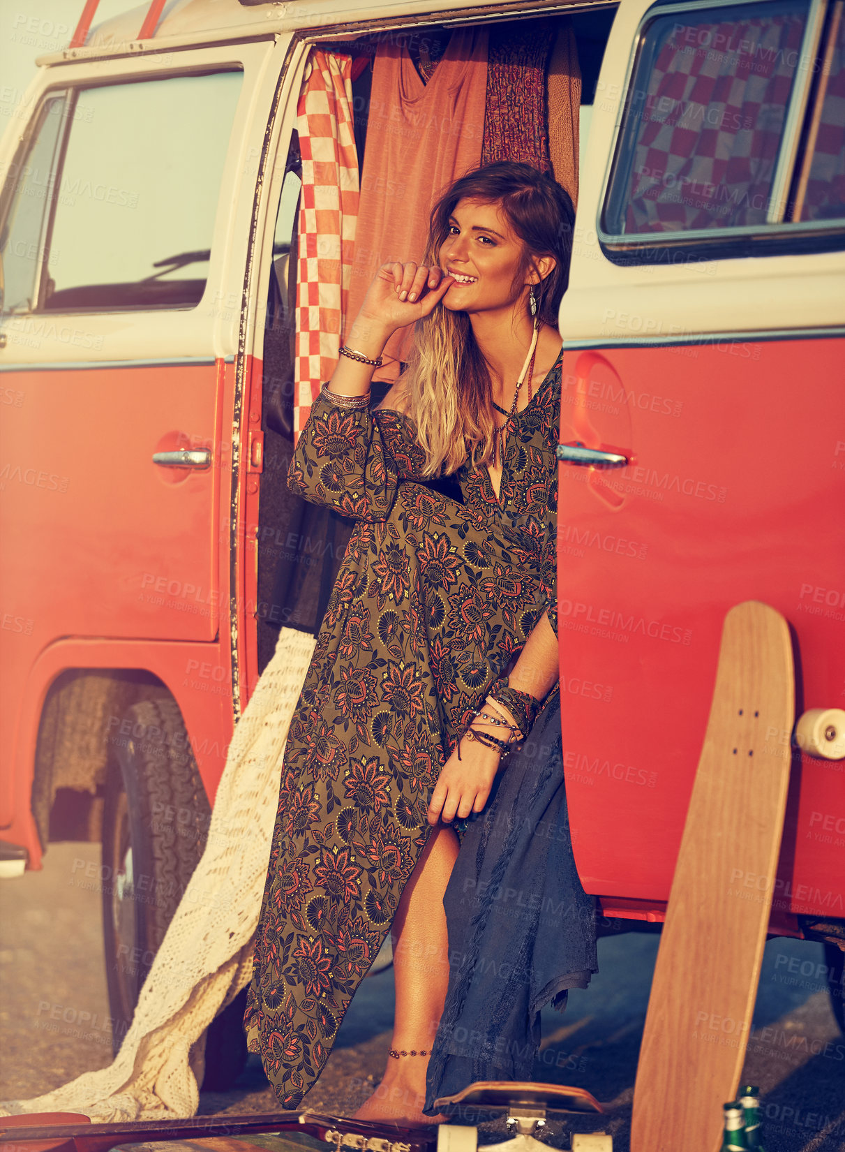 Buy stock photo Shot of a gorgeous young woman enjoying a roadtrip on her own