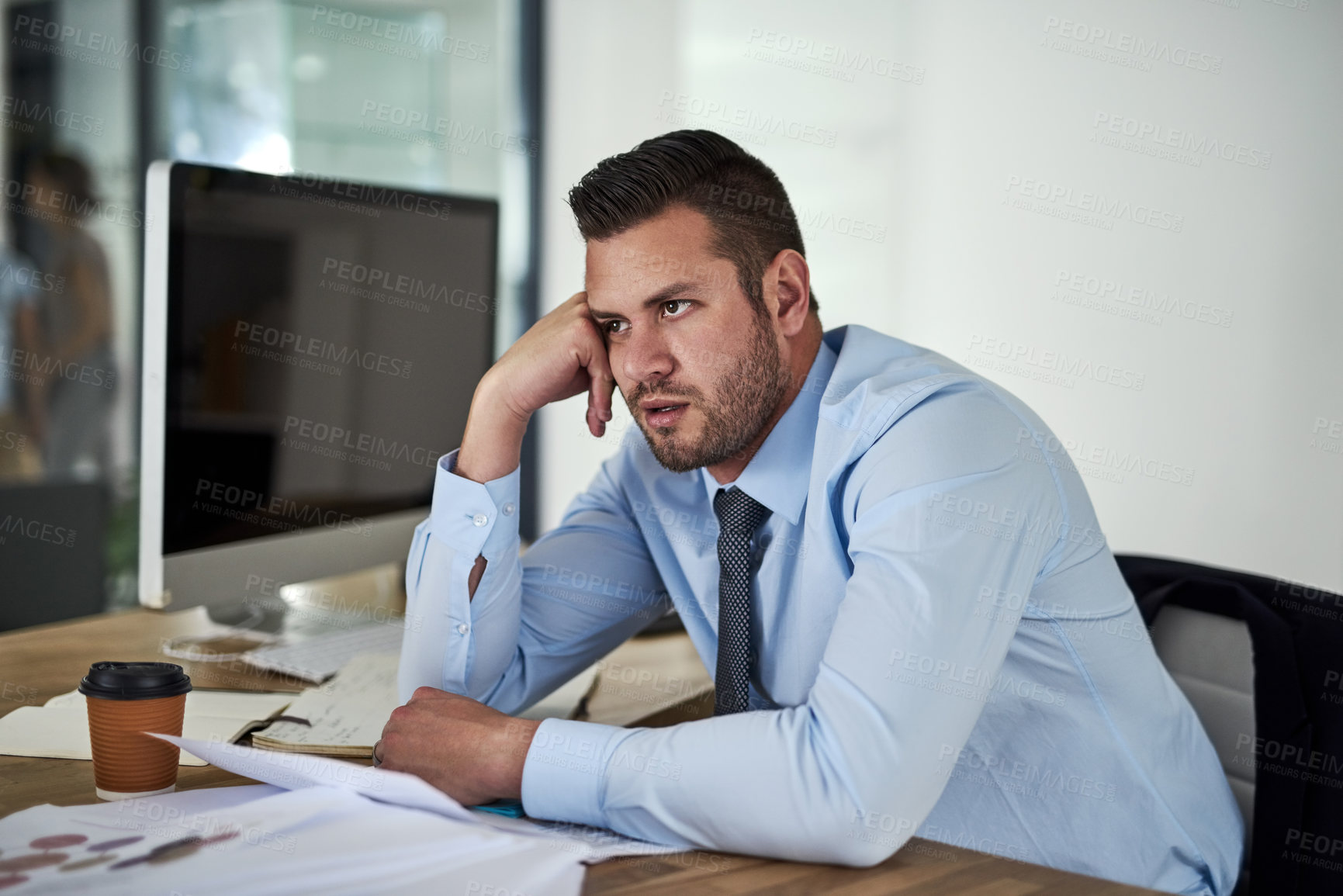 Buy stock photo Man, bored and corporate business in office, tired and tax audit with accountant with paperwork. Frustrated, finance career and company employee with brain fog, fatigue and professional crisis.