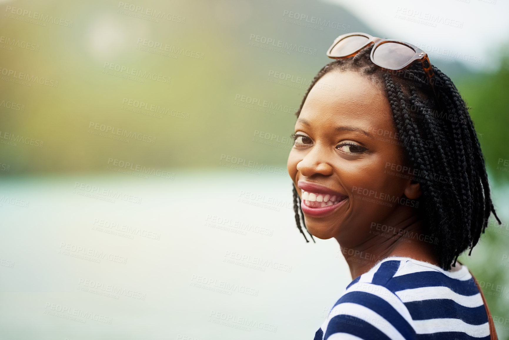 Buy stock photo Portrait, outdoor and black woman with smile, vacation and getaway trip with break, Thailand and journey. African person, face or girl with mockup, holiday and adventure with happiness or carefree