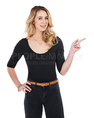 Buy stock photo Direction, marketing and portrait of a woman pointing isolated on a white background in studio. Product placement, recommendation and girl advertising a brand or product on a studio background