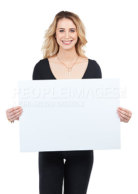 Buy stock photo Happy woman, poster and mockup sign portrait with space for advertising sale, promotion and deal. Model billboard, paper or banner for brand or logo discount isolated on a white background in studio