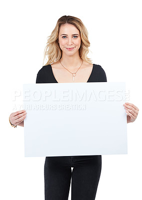 Buy stock photo Sign, portrait and woman with poster for mockup, marketing or advertising space in studio isolated on a white background. Product placement, branding and female with banner for mock up or promotion.

