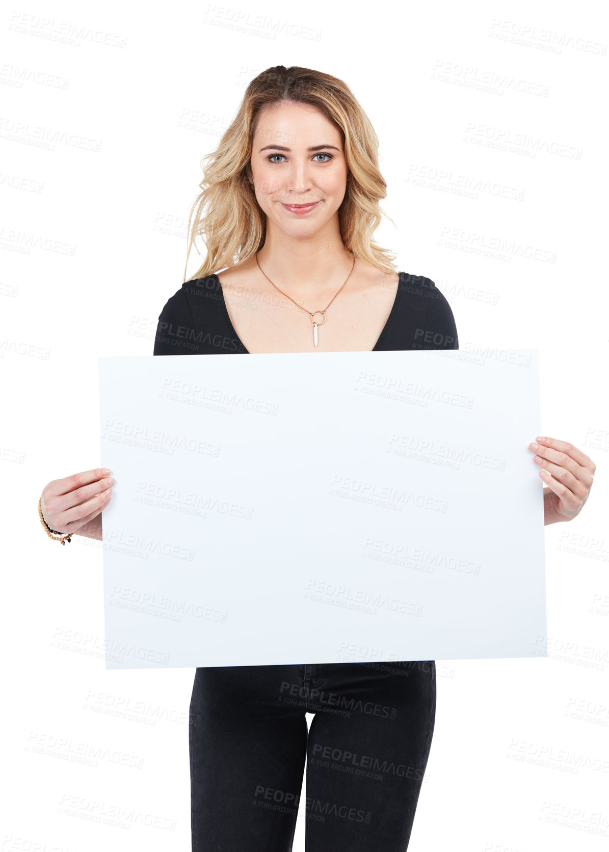 Buy stock photo Sign, portrait and woman with poster for mockup, marketing or advertising space in studio isolated on a white background. Product placement, branding and female with banner for mock up or promotion.
