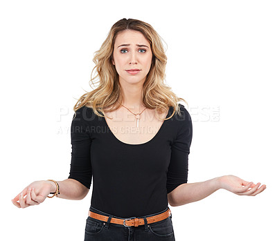 Buy stock photo Confused, anxiety and portrait of woman with shrug for problem, dilemma or risk of decision. Doubt, stress and puzzled model unsure for choice expression on isolated studio white background.