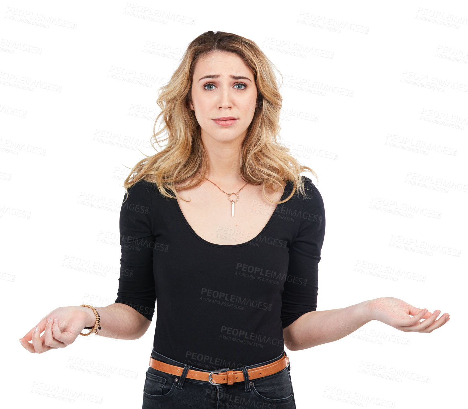 Buy stock photo Confused, anxiety and portrait of woman with shrug for problem, dilemma or risk of decision. Doubt, stress and puzzled model unsure for choice expression on isolated studio white background.